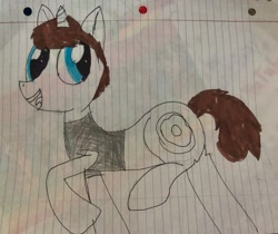 Size: 2048x1720 | Tagged: safe, artist:melodymelanchol, derpibooru import, pony, unicorn, series:smosh in equestria, childhood art, clothes, horn, ian hecox, lined paper, male, ponified, smosh, solo, species swap, stallion, traditional art
