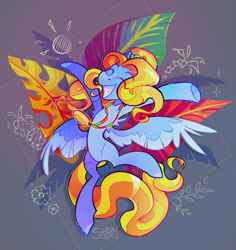 Size: 2211x2342 | Tagged: safe, artist:singingsun, derpibooru import, oc, oc only, oc:singing sun, pegasus, pony, abstract background, colored wings, eyes closed, female, flying, happy, pegasus oc, solo, tail, two toned wings, wavy hair, wavy mane, wavy tail, wings