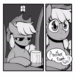 Size: 2002x2048 | Tagged: safe, artist:melodymelanchol, derpibooru import, applejack, earth pony, pony, comic:rotten harmony, g4, alcohol, applejack's hat, bar, black and white, clothes, comic, cowboy hat, dialogue, drink, female, grayscale, hat, implied berry punch, mare, monochrome, mug, offscreen character, solo, speech bubble, sweat