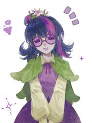 Size: 1080x1440 | Tagged: safe, artist:一个, derpibooru import, twilight sparkle, human, g4, blouse, clothes, cornucopia costumes, dress, flower, flower in hair, glasses, humanized, simple background, solo, white background