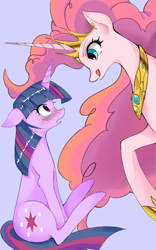 Size: 1055x1688 | Tagged: safe, artist:木瓜papaya, derpibooru import, pinkie pie, twilight sparkle, alicorn, pony, unicorn, g4, alicornified, blue background, blushing, crown, duo, duo female, female, height difference, hoof shoes, horn, imminent vore, jewelry, kitchen eyes, licking, licking lips, looking at each other, looking at someone, mare, pinkiecorn, princess shoes, race swap, regalia, simple background, sitting, tall, tongue, tongue out, xk-class end-of-the-world scenario