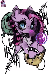 Size: 1766x2679 | Tagged: safe, artist:napolipony, derpibooru import, pinkie pie, earth pony, pony, g4, balloon, bridge piercing, bubblegum, chest fluff, choker, cross, ear piercing, earring, emo, eyebrow piercing, eyebrow slit, eyebrows, female, food, gum, jewelry, looking at you, mare, multicolored hair, piercing, pinkamena diane pie, simple background, solo, spiked choker, spiked wristband, white background, wip, wristband