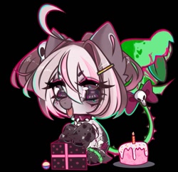 Size: 719x695 | Tagged: safe, artist:napolipony, derpibooru import, oc, oc only, original species, plant pony, pony, birthday cake, black background, bow, cake, choker, cupcake, ear fluff, ears, eye clipping through hair, eyebrows, eyebrows visible through hair, female, food, hairclip, mare, plant, present, simple background, solo, spiked choker, tail, tail bow, tongue, tongue out, unshorn fetlocks, venus flytrap, vine