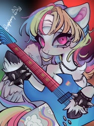 Size: 2060x2758 | Tagged: safe, artist:napolipony, derpibooru import, rainbow dash, pegasus, pony, g4, alternate cutie mark, bandage, chains, chest fluff, electric guitar, female, guitar, jewelry, mare, musical instrument, necklace, playing instrument, solo, spiked wristband, unshorn fetlocks, wristband