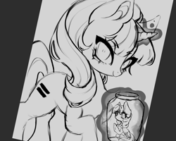 Size: 913x729 | Tagged: safe, artist:napolipony, derpibooru import, starlight glimmer, twilight sparkle, twilight sparkle (alicorn), alicorn, pony, unicorn, g4, duo, equal cutie mark, female, gray background, grayscale, horn, jar, magic, mare, monochrome, s5 starlight, simple background, size difference, sketch, telekinesis, thing in a jar, wip