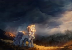 Size: 4096x2858 | Tagged: safe, artist:sweettsa1t, derpibooru import, oc, oc only, pony, bonnet, bow, coat markings, commission, dappled, female, forest, hair bow, hill, horns, mare, nature, pigtails, rain, scenery, scenery porn, solo, storm, tree, unshorn fetlocks