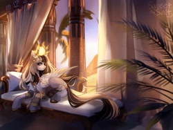 Size: 4000x3000 | Tagged: safe, artist:sweettsa1t, derpibooru import, oc, oc only, pony, ancient egypt, bandage, bracelet, coat markings, commission, ear piercing, earring, egyptian, fainting couch, female, horns, jewelry, lying down, mare, peytral, piercing, prone, pyramid, solo, sun, tail, tail jewelry, unshorn fetlocks, wing jewelry, wings