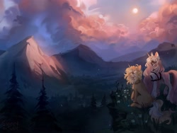 Size: 4000x3000 | Tagged: safe, artist:sweettsa1t, derpibooru import, oc, oc only, pony, unicorn, chest fluff, cloud, duo, female, flower, flower in hair, forest, harness, horn, mare, mountain, nature, scenery, scenery porn, sitting, tree, unshorn fetlocks, vein