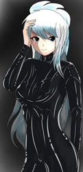 Size: 583x1200 | Tagged: safe, artist:tantan_harusame, derpibooru import, cloudchaser, human, g4, breasts, clothes, female, gradient background, humanized, latex, latex suit, pixiv, smiling, solo
