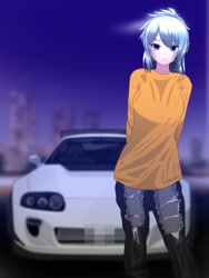 Size: 768x1024 | Tagged: safe, artist:tantan_harusame, derpibooru import, cloudchaser, human, g4, arm behind back, car, clothes, denim, female, humanized, jeans, looking at you, night, pants, pixiv, ripped jeans, ripped pants, smiling, solo, sweater, torn clothes, toyota supra