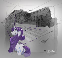 Size: 1334x1245 | Tagged: safe, artist:felfox, derpibooru import, rarity, pony, unicorn, g4, horn, partial color, perspective, solo