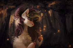 Size: 1280x848 | Tagged: safe, artist:sweettsa1t, derpibooru import, oc, oc only, earth pony, firefly (insect), insect, pony, chest fluff, female, flower, flower in hair, forest, hair bun, mare, nature, scenery, solo, tree