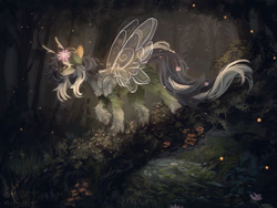 Size: 1280x960 | Tagged: safe, artist:sweettsa1t, derpibooru import, oc, oc only, butterfly, hybrid, pony, antennae, butterfly pony, female, flower, flower in hair, fluffy, forest, mare, nature, river, scenery, scenery porn, solo, stream, tree, unshorn fetlocks, water