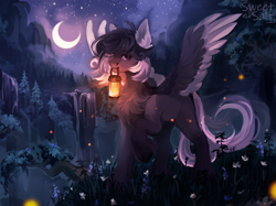 Size: 2217x1662 | Tagged: safe, artist:sweettsa1t, derpibooru import, oc, oc only, firefly (insect), insect, pegasus, pony, chest fluff, colored ears, colored wings, commission, crescent moon, ear fluff, ears, female, lantern, mare, moon, mouth hold, night, scenery, solo, spread wings, unshorn fetlocks, water, waterfall, wings