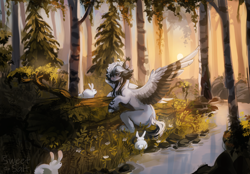 Size: 2298x1603 | Tagged: safe, artist:sweettsa1t, derpibooru import, oc, oc only, pegasus, pony, rabbit, animal, chest fluff, ear tufts, forest, nature, river, scenery, solo, spread wings, stream, tree, unshorn fetlocks, water, wings