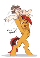 Size: 755x1095 | Tagged: safe, artist:dorkmark, derpibooru import, oc, oc only, oc:dima, oc:selest light, pegasus, pony, unicorn, bipedal, chest fluff, colored wings, duo, duo male and female, ears, featureless crotch, female, floppy ears, holding a pony, horn, linux, male, mare, multicolored hair, multicolored tail, multicolored wings, nervous, open mouth, pegasus oc, scared, simple background, speech bubble, stallion, tail, text, throwing, underhoof, unicorn oc, vulgar, white background, wide eyes, wings