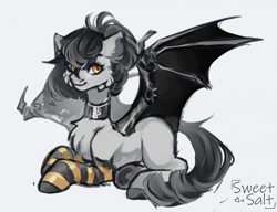 Size: 2193x1680 | Tagged: safe, artist:sweettsa1t, derpibooru import, oc, oc only, bat pony, pony, amputee, artificial wings, augmented, cheek fluff, chest fluff, choker, clothes, ear fluff, ears, female, gray background, looking at you, lying down, mare, prone, prosthetic limb, prosthetic wing, prosthetics, simple background, socks, solo, spread wings, striped socks, wings