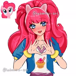 Size: 2048x2048 | Tagged: safe, artist:habanero_art, derpibooru import, pinkie pie, human, g4, blushing, headband, heart hands, humanized, looking at you, open mouth, reference used, simple background, smiling, smiling at you, solo, text, white background