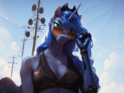 Size: 1536x1152 | Tagged: safe, ai content, derpibooru import, generator:pony diffusion v6 xl, generator:stable diffusion, machine learning generated, princess luna, alicorn, anthro, cyborg, g4, breasts, cleavage, clothes, crossover, cybernetic arm, cyberpunk, cyberpunk 2077, female, looking at you, mare, princess balloona, prompter:star-dragon, solo, sunglasses