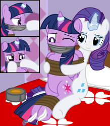 Size: 2000x2292 | Tagged: safe, artist:cardshark777, derpibooru import, rarity, twilight sparkle, twilight sparkle (alicorn), alicorn, unicorn, g4, 3 panel comic, bed, blushing, bondage, bound and gagged, bound wings, comic, digital art, duct tape, duo, eyeliner, eyeshadow, feather, female, femsub, gag, helpless, hoof on cheek, hoof tickling, hooves behind back, horn, horn ring, lidded eyes, looking at someone, looking down, magic suppression, makeup, one eye closed, pillar, pillow, ring, rope, rope bondage, sitting, submissive, tape, tape gag, tickling, tied up, wings