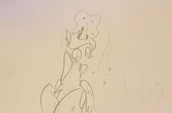 Size: 2077x1372 | Tagged: safe, artist:ponny, derpibooru import, princess luna, alicorn, pony, blushing, eating, magic, monochrome, photo, solo, traditional art