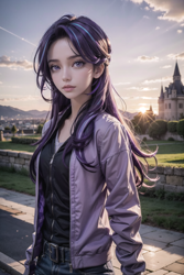 Size: 1024x1536 | Tagged: safe, ai content, derpibooru import, machine learning generated, starlight glimmer, human, g4, beautiful, castle, clothes, denim, evening, female, holiday, humanized, inviting, jacket, jeans, light skin, lips, pants, prompter:thelastopenroad, realistic, road trip, sky, solo, sunset, teenage girl, teenage glimmer, teenage starlight glimmer, teenager, travelling, united kingdom, zipper