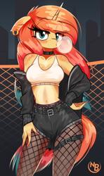 Size: 2258x3813 | Tagged: safe, artist:nevobaster, derpibooru import, oc, oc only, oc:sheron, anthro, unicorn, bedroom eyes, belly button, bubblegum, city, clothes, collar, denim, eyeshadow, female, fishnet clothing, fishnet stockings, food, freckles, gum, horn, jacket, jeans, lidded eyes, looking at you, makeup, nail polish, night, pants, piercing, shorts, solo, stockings, thigh highs