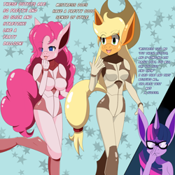 Size: 4000x4000 | Tagged: safe, artist:idpet, derpibooru import, part of a set, applejack, pinkie pie, twilight sparkle, anthro, earth pony, unguligrade anthro, unicorn, g4, abstract background, absurd resolution, bodysuit, breasts, clothes, dialogue, eye clipping through hair, female, gendo pose, glasses, gullible, horn, sparkly eyes, wingding eyes