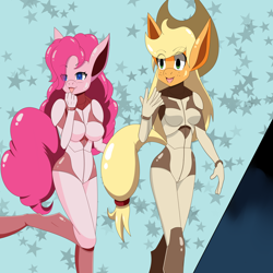 Size: 4000x4000 | Tagged: safe, alternate version, artist:idpet, derpibooru import, part of a set, applejack, pinkie pie, anthro, earth pony, unguligrade anthro, g4, abstract background, absurd resolution, bodysuit, breasts, clothes, duo, eye clipping through hair, female, open mouth, sparkly eyes, wingding eyes
