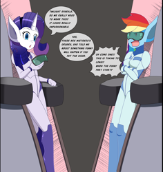 Size: 3400x3600 | Tagged: safe, artist:idpet, derpibooru import, part of a set, rainbow dash, rarity, anthro, unguligrade anthro, g4, annoyed, bodysuit, breasts, clothes, dialogue, duo, female, high res, hypnogear, implied twilight sparkle, offscreen character, visor