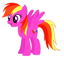 Size: 445x411 | Tagged: safe, artist:selenaede, artist:user15432, derpibooru import, feathermay, pegasus, pony, g4, base used, generation leap, multicolored mane, multicolored tail, open mouth, open smile, pink coat, purple eyes, recolor, simple background, smiling, solo, tail, transparent background
