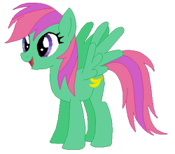 Size: 440x387 | Tagged: safe, artist:selenaede, artist:user15432, derpibooru import, pegasus, pony, g4, banana bliss, base used, generation leap, green coat, open mouth, open smile, pink mane, pink tail, recolor, simple background, smiling, solo, tail, transparent background