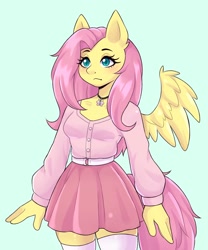 Size: 1500x1800 | Tagged: safe, artist:artkett1412, derpibooru import, fluttershy, anthro, pegasus, g4, blue background, blushing, breasts, choker, clothes, cute, female, shirt, shyabetes, simple background, skirt, socks, solo, stockings, thigh highs