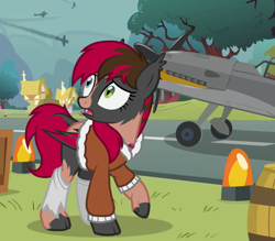 Size: 1290x1130 | Tagged: safe, artist:anonymous, derpibooru import, oc, oc only, oc:new roads, bat pony, human, pony, equestria at war mod, /ptfg/, airfield, barrel, bat pony oc, battlefield, bomber jacket, bush, clothes, crate, fangs, female, grass, heterochromia, house, human to pony, jacket, jewelry, looking up, mid-transformation, necklace, open mouth, pilot, plane, ponyville, socks, solo, species swap, transformation, tree