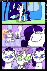 Size: 1082x1608 | Tagged: safe, artist:icycrymelon, derpibooru import, rarity, sweetie belle, pony, unicorn, g4, angry, big eyes, comic, crying, duo, female, horn, mannequin, mare, short comic, siblings, sisters, younger