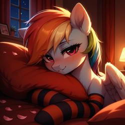 Size: 1536x1536 | Tagged: safe, ai content, derpibooru import, generator:stable diffusion, machine learning generated, rainbow dash, pegasus, pony, g4, backlighting, bed, bedroom, bedroom eyes, blushing, close-up, clothes, curtains, cute, dashabetes, ear fluff, ears, eyebrows, eyebrows visible through hair, female, generator:bluefox mix, hug, indoors, intimate, lamp, looking at you, mare, night, night sky, on bed, partially open wings, petals, photo frame, pillow, pillow hug, potted plant, prompter:tyto4tme4l, romantic, seductive look, sky, smiling, smiling at you, socks, solo, striped socks, upper body, window, wing fluff, wings