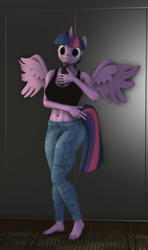 Size: 1278x2160 | Tagged: safe, artist:zgsfm, derpibooru import, twilight sparkle, twilight sparkle (alicorn), alicorn, anthro, plantigrade anthro, g4, 3d, 3d model, barefoot, belly button, breasts, clothes, erect nipples, feet, female, gloves, grin, horn, looking at you, mare, midriff, nipple outline, nipples, no catchlights, nudity, phone, raised hoof, raised leg, selfie, smiling, solo, spread wings, wings