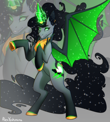 Size: 1080x1200 | Tagged: safe, artist:alexyoshirama, derpibooru import, oc, oc only, bat pony, pony, bipedal, commission, full body, glowing, glowing horn, horn, rearing, solo, zoom layer