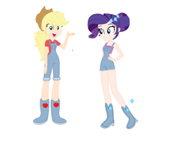 Size: 840x688 | Tagged: safe, artist:frankta1, artist:selenaede, derpibooru import, applejack, rarity, human, g4, alternate hairstyle, applejack's hat, base used, boots, clothes, cowboy hat, duo, eyeshadow, female, freckles, hat, high heel boots, humanized, lesbian, makeup, open mouth, overalls, rarijack, shipping, shirt, shoes, simple background, t-shirt, white background
