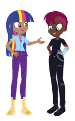 Size: 380x614 | Tagged: safe, artist:frankta1, artist:selenaede, derpibooru import, tempest shadow, twilight sparkle, human, g4, alternate hairstyle, amputee, base used, boots, clothes, dark skin, denim, duo, duo female, female, grin, humanized, jeans, jewelry, lesbian, necklace, open mouth, pants, prosthetic arm, prosthetic limb, prosthetics, ripped jeans, ripped pants, shipping, shirt, shoes, simple background, smiling, t-shirt, tempestlight, torn clothes, white background