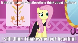 Size: 888x499 | Tagged: safe, derpibooru import, edit, edited screencap, screencap, fluttershy, pony, g4, scare master, caption, carousel boutique, clothes, dress, image macro, imgflip, solo, text, wholesome