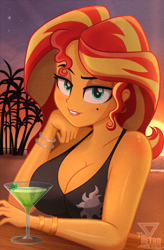 Size: 1994x3038 | Tagged: safe, artist:theretroart88, derpibooru import, sunset shimmer, human, equestria girls, g4, beach, beauty mark, bedroom eyes, bikini, bikini top, bracelet, breasts, cleavage, clothes, glass, jewelry, looking at you, palm tree, swimsuit, tree