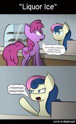 Size: 4120x6682 | Tagged: safe, artist:japkozjad, derpibooru import, berry punch, berryshine, bon bon, sweetie drops, earth pony, pony, g4, angry, candy, candy shop, cash register, commission, confused, dialogue, donut, food, licorice, lollipop, vulgar