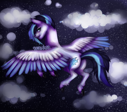Size: 3400x3000 | Tagged: safe, artist:reamina, derpibooru import, oc, oc:storm walker, pegasus, pony, colored wings, female, flying, mare, night, solo, two toned wings, wings
