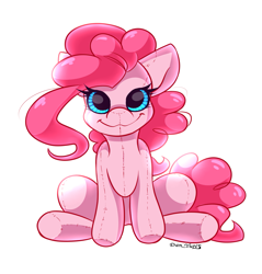 Size: 1947x2038 | Tagged: safe, artist:yuris, derpibooru import, pinkie pie, earth pony, original species, pony, g4, female, looking at you, plush pony, plushie, simple background, sitting, smiling, smiling at you, solo, toy, white background