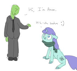 Size: 649x597 | Tagged: safe, anonymous artist, artist:anonymous, derpibooru import, oc, oc only, oc:anon, oc:ice breaker, pony, unicorn, 4chan, awkward, awkward moment, awkward smile, blue skin, clothes, duo, duo male and female, emoticon, female, green skin, horn, looking at each other, looking at someone, male, necktie, purple mane, purple tail, scarf, simple background, sitting, smiley face, smiling, speech bubble, suit, tail, tuxedo, unshorn fetlocks, white background