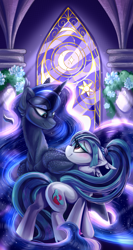 Size: 1599x3000 | Tagged: safe, artist:starcasteclipse, derpibooru import, princess luna, sonata dusk, alicorn, earth pony, pony, g4, duo, ears, floppy ears, folded wings, height difference, long mane, long tail, looking at each other, looking at someone, ship:lunata, sternocleidomastoid, tail, wings