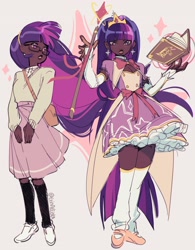 Size: 2400x3072 | Tagged: safe, artist:erinartista, derpibooru import, twilight sparkle, human, g4, bag, book, clothes, crown, dark skin, dress, ear piercing, earring, female, flats, glasses, humanized, jewelry, magic, magical girl, magical girl transformation, piercing, regalia, shirt, shoes, simple background, skirt, sneakers, socks, solo, staff, stockings, sweater, thigh highs, white background