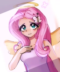 Size: 1080x1300 | Tagged: safe, artist:pulse, derpibooru import, fluttershy, human, equestria girls, g4, butterfly hairpin, clothes, cute, female, halo, hand on chest, humanized, looking at you, shyabetes, simple background, solo, tanktop, white background, winged humanization, wings