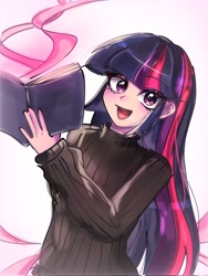 Size: 1536x2048 | Tagged: safe, artist:pulse, derpibooru import, twilight sparkle, human, g4, book, clothes, cute, eye clipping through hair, humanized, open mouth, simple background, smiling, sweater, turtleneck, turtleneck sweater, twiabetes, white background